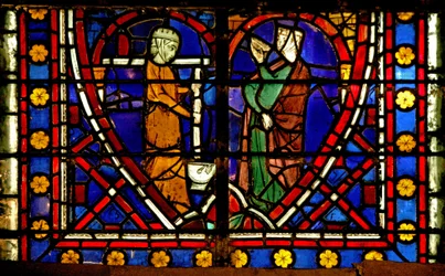 Window depicting Scene from the life of Saint Germain: the Saints Mother attempting a Miscarriage